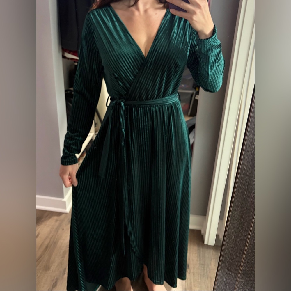 Long Sleeve Velvet Dress in Deep Green